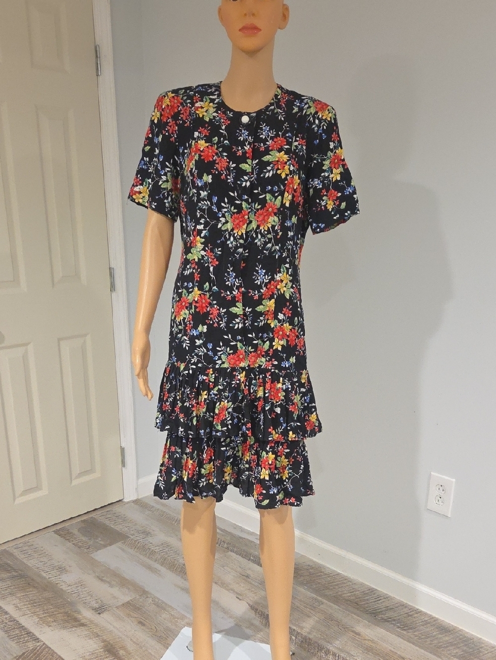 Vintage 80-90s Black Floral Tiered Midi Dress with Red and Yellow Flowers